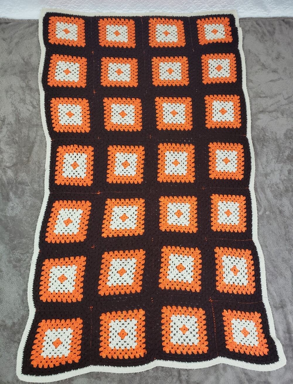Vintage Granny Square Rectangle Afghan Hand Crochet Green Throw Blanket 88x51